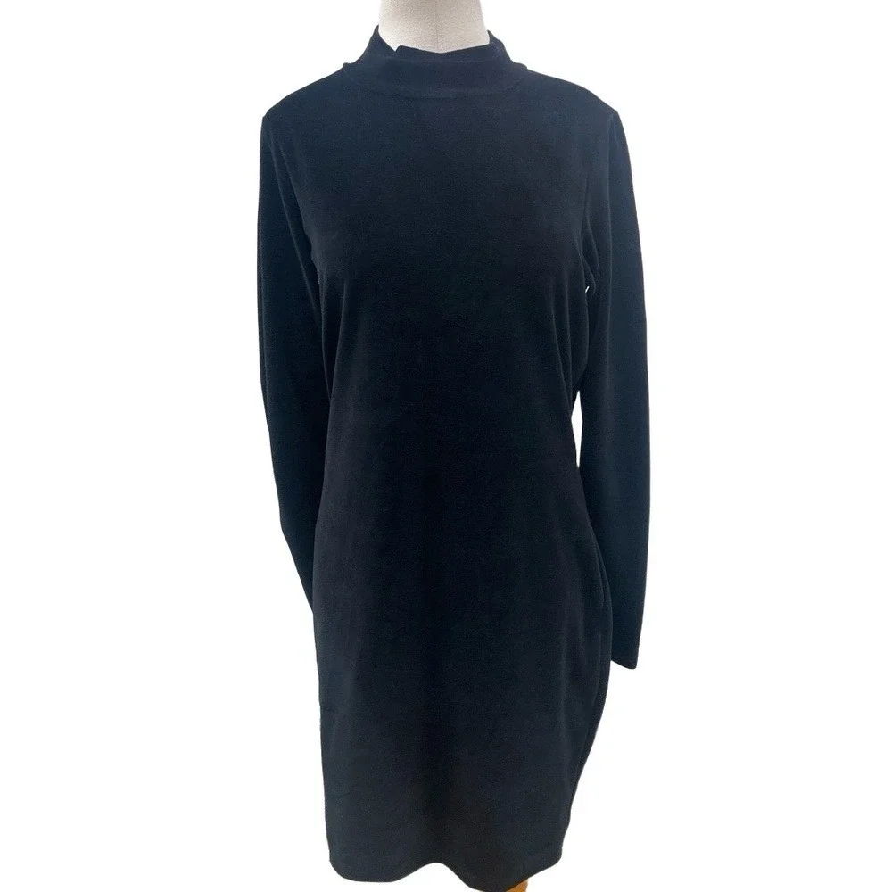 T by Alexander Wang Black Mock Neck Cut Out Back Velour Mini Shift Dress Large‎